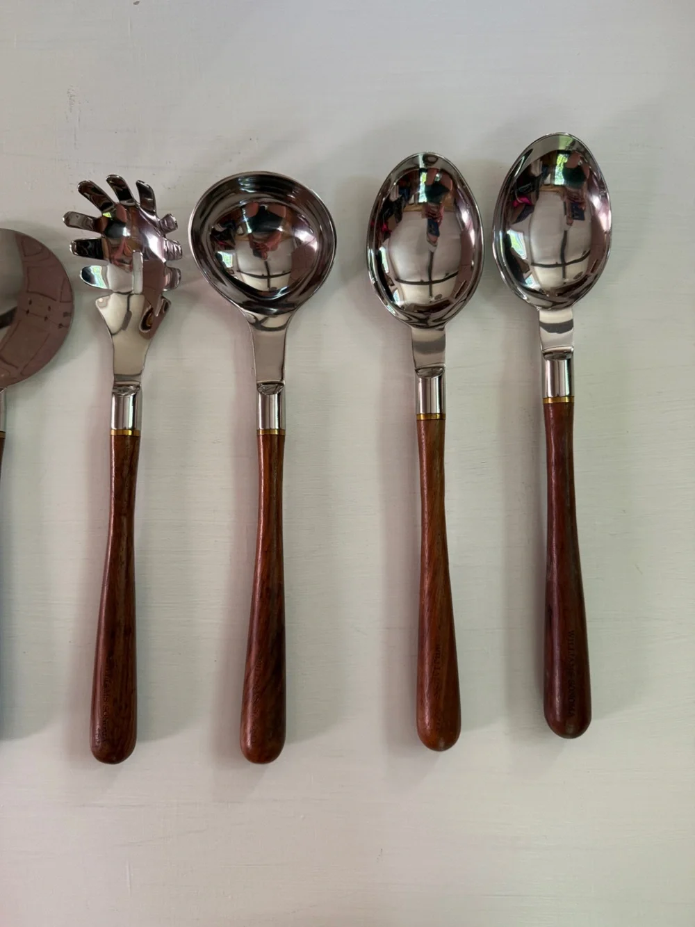 WILLIAMS SONOMA SET OF 8 Stainless Steel & Engraved Wood Kitchen Utensils 13”